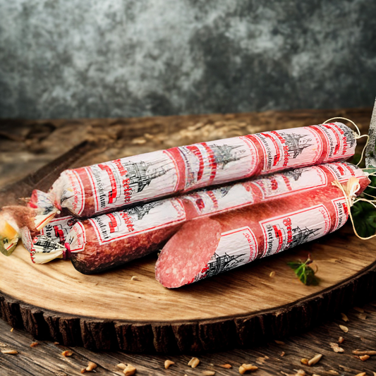 Rathaussalami mit Knoblauch – Mild gewürzt & mit Rotwein verfeinert ca. 350g